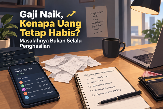 Ilustrasi Gaji Naik, Kenapa Uang Tetap Habis? Masalahnya Bukan Selalu Penghasilan. Gambar dibuat dengan bantuan AI.