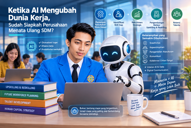 Ilustrasi kolaborasi manusia dan AI dalam menghadapi perubahan dunia kerja, dengan penekanan pada perencanaan SDM, pemetaan skill gap, rekrutmen strategis, serta upskilling dan reskilling untuk mempersiapkan tenaga kerja masa depan. (sumber: Generate AI)
