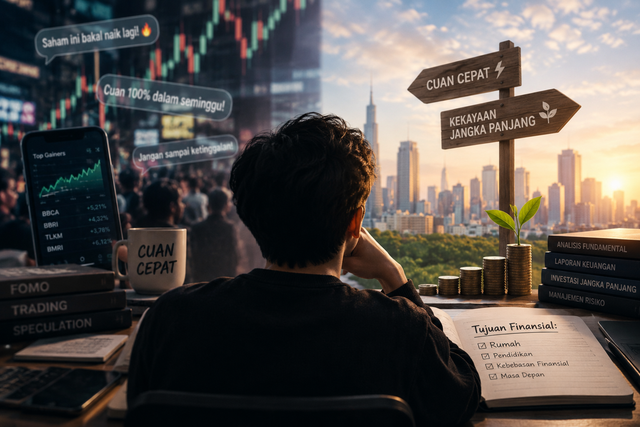 lustrasi editorial tentang dilema investor muda antara mengejar cuan cepat dan membangun kekayaan dalam jangka panjang. Seorang investor duduk di depan meja sambil melihat dua pilihan: sisi kiri menggambarkan volatilitas pasar, FOMO, dan godaan keuntungan cepat, sedangkan sisi kanan menggambarkan investasi jangka panjang melalui pertumbuhan aset, analisis fundamental, manajemen risiko, dan tujuan finansial. "Ilustrasi dilema investor dalam memilih antara mengejar keuntungan cepat dan membangun kekayaan jangka panjang."