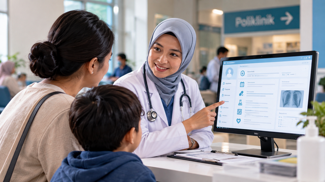 Konsultasi pasien dengan tenaga kesehatan menggunakan rekam medis elektronik yang terintegrasi. (Ilustrasi: AI)