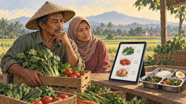 Ilustrasi peluang dan tantangan petani kecil dalam rencana pengadaan pangan MBG melalui marketplace. Dibuat dengan bantuan AI