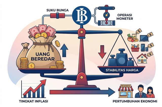 foto ilustrasi: Ilustrasi ini memperlihatkan mekanisme kebijakan moneter yang digambarkan seperti neraca timbangan. Bank sentral (BI) memegang kendali atas kran suku bunga dan operasi moneter untuk menyeimbangkan volume uang beredar guna mencegah lonjakan inflasi dan memelihara stabilitas harga di masyarakat. sumber: Gemini, Ilustari AI