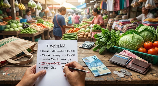 Foto ilustrasi: Gambar ini menangkap strategi masyarakat dalam mencari alternatif produk yang lebih terjangkau di pasar tradisional. Penggunaan list belanja dan uang tunai menunjukkan fokus pada perencanaan dan pengendalian pengeluaran, serta upaya untuk 'Hemat Gas' dan 'Beras (lebih murah)'. Hal ini juga mendukung ekonomi lokal yang dapat membantu ketahanan komunitas.