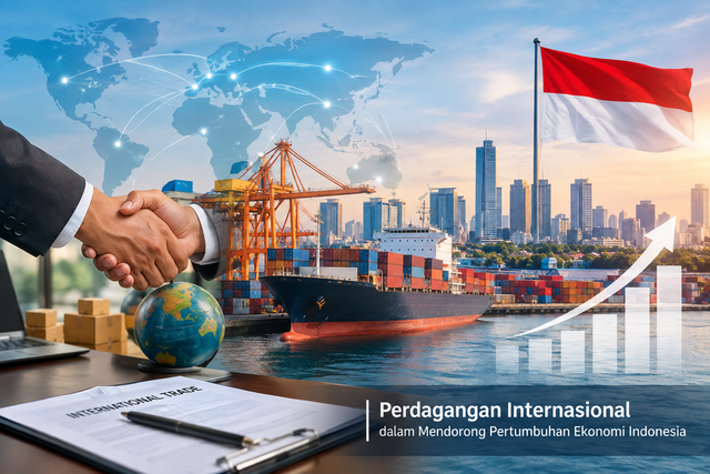 Gambar 1. Perdagangan Internasional dalam Mendorong Pertumbuhan Ekonomi Indonesia
‎Sumber: Ilustrasi dibuat dengan bantuan Artificial Intelligence (AI), 2026.