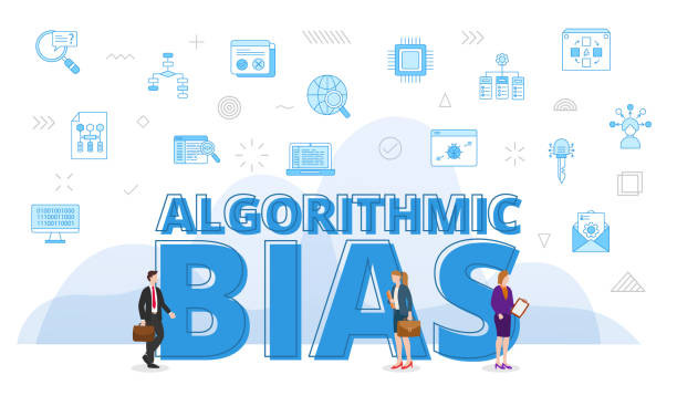 Ilustrasi: konsep bias algoritmik dengan kata-kata besar dan orang-orang yang dikelilingi ikon terkait dalam gaya visual biru modern. Foto: teguhjatipras/iStock.