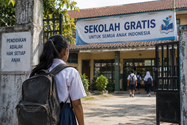 Seorang siswi berdiri di depan gerbang sekolah dengan seragam dan ransel, sementara spanduk “Sekolah Gratis” terpampang di latar belakang, menggambarkan ironi bahwa pendidikan gratis belum tentu menghilangkan seluruh hambatan untuk tetap bersekolah. Foto: Dok. ChatGPT