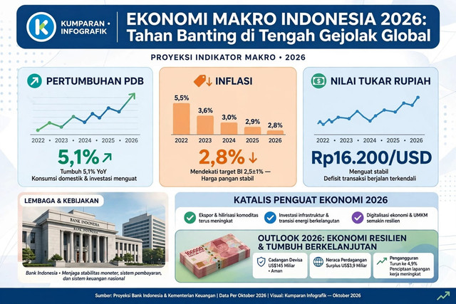 Ketahanan ekonomi makro Indonesia di tahun 2026 menjadi sorotan di tengah ketidakpastian ekonomi global akibat tensi geopolitik dan suku bunga tinggi, ekonomi makro Indonesia justru menunjukkan ketahanan. Proyeksi terbaru Bank Indonesia dan Kementerian Keuangan menempatkan pertumbuhan ekonomi di angka 5,1% YoY dengan inflasi terkendali di 2,8%. hasi analisis pribadi