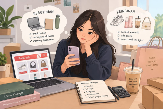 Ilustrasi kebiasaan belanja yang dipengaruhi oleh keinginan dan kebutuhan. Sumber: Ilustrasi dibuat menggunakan AI (ChatGPT/OpenAI)