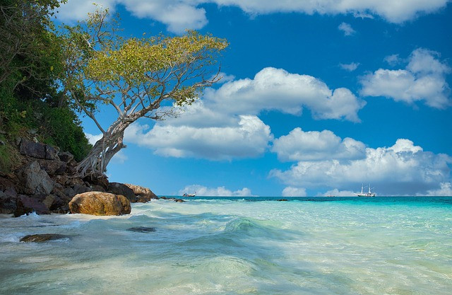 Ilustrasi beach, blue sky, sea. Foto: Pixabay