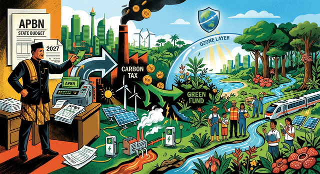 Pajak Karbon sebagai Instrumen Pengawal Transformasi APBN Hijau RI. Ilustrasi: Gemini AI