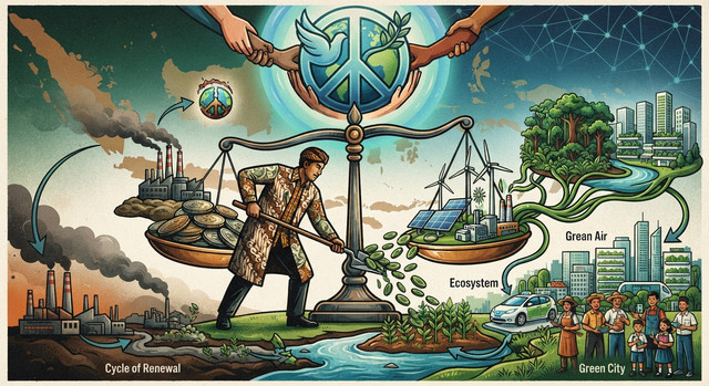 Pajak Karbon dan Resolusi Ekologi Fiskal RI menjaga Perdamaian Dunia. Ilustrasi: Gemini AI