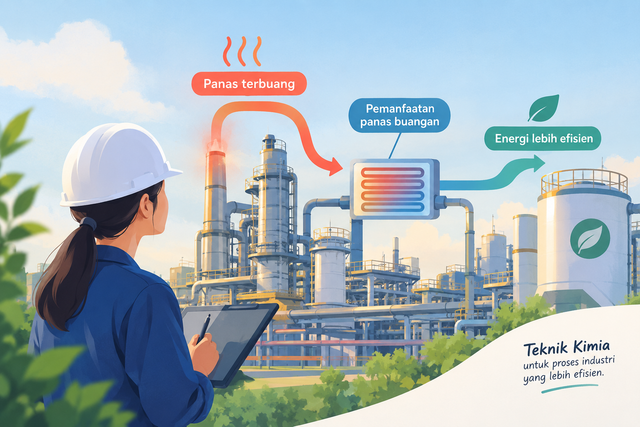 Ilustrasi digital tentang pemanfaatan panas buangan dalam proses industri. Visual menampilkan alur panas dari proses produksi menuju sistem pemanfaatan kembali, yang menggambarkan peran Teknik Kimia dalam meningkatkan efisiensi energi dan mengurangi pemborosan.Ilustrasi Ai