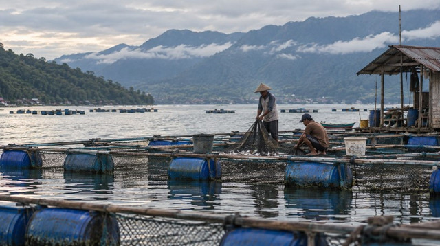 Aktivitas budidaya ikan menggunakan keramba jaring apung di Danau Maninjau, Sumatera Barat, dengan latar perbukitan dan pegunungan yang mengelilingi kawasan danau. Foto: Slamet Supriyadi