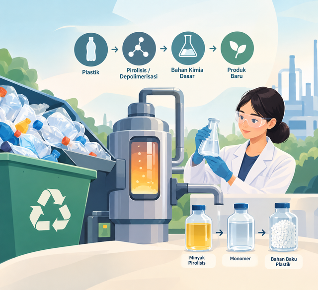 Ilustrasi menggambarkan peran Teknik Kimia dalam mengubah sampah plastik menjadi bahan baku bernilai melalui teknologi daur ulang kimia.Ilustrasi Ai