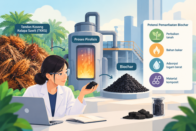Ilustrasi menunjukkan proses pengolahan tandan kosong kelapa sawit menjadi biochar melalui teknologi pirolisis dan potensi pemanfaatannya.Ilustrasi Ai