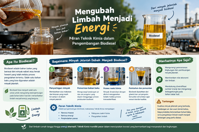 Ilustrasi dibuat menggunakan bantuan Artificial Intelligence (AI) untuk menggambarkan proses pengolahan minyak jelantah menjadi biodiesel serta peran Teknik Kimia dalam pengembangan energi alternatif.