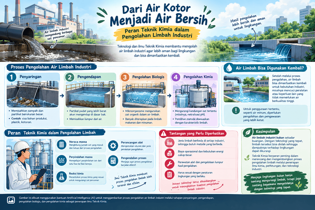 Ilustrasi dibuat menggunakan bantuan Artificial Intelligence (AI) untuk menggambarkan proses pengolahan air limbah industri melalui tahapan penyaringan, pengendapan, pengolahan biologis, dan pengolahan kimia sebagai penerapan ilmu Teknik Kimia.