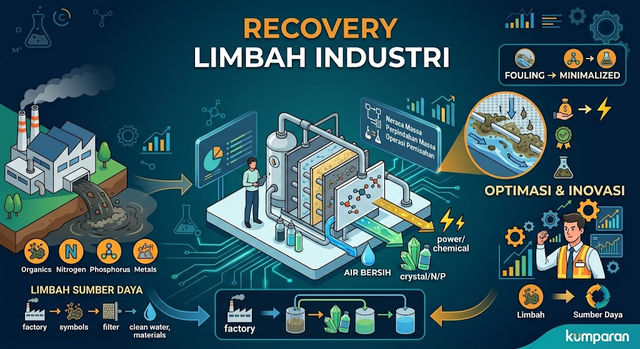 Ilustrasi pergeseran peran Teknik Kimia dalam pengolahan air limbah industri dari sekadar pembuangan menjadi pemulihan sumber daya (resource recovery).Ilustrasi Ai