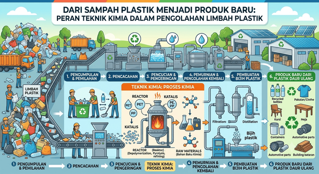Ilustrasi dibuat menggunakan bantuan Artificial Intelligence (AI) untuk menggambarkan proses pengolahan sampah plastik menjadi produk baru melalui tahapan pemilahan, pembersihan, pencacahan, pelelehan, dan pembentukan kembali sebagai penerapan ilmu Teknik Kimia.