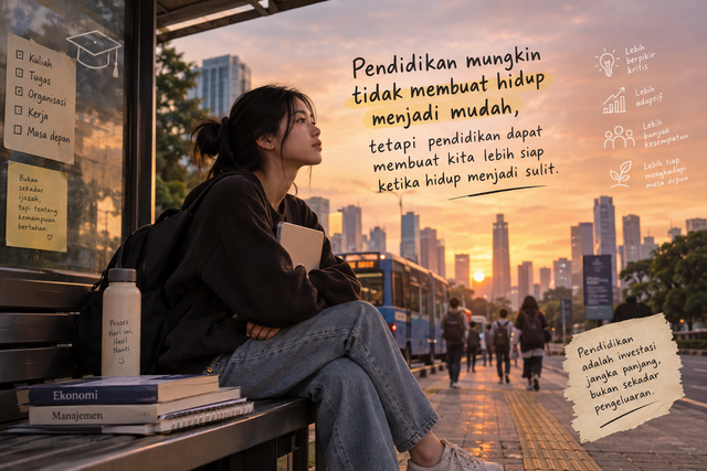Ilustrasi seorang mahasiswa duduk sendirian di halte atau bangku sederhana sambil membawa tas dan buku, dengan suasana sore hari. Di sekitarnya terdapat elemen kehidupan sehari-hari seperti laptop, buku kuliah, transportasi umum, dan gedung perkantoran yang terlihat dari kejauhan. Ekspresi tokoh menunjukkan lelah tetapi tetap memiliki harapan. Konsep visual menggambarkan perjalanan pendidikan sebagai proses panjang untuk membangun kemampuan bertahan dan menghadapi kehidupan, bukan sekadar mengejar ijazah.