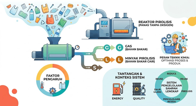 Alur proses pirolisis, teknologi yang mengolah rantai polimer sampah plastik menjadi bahan bakar cair dan gas melalui pemanasan tanpa oksigen.Ilustrasi Ai
