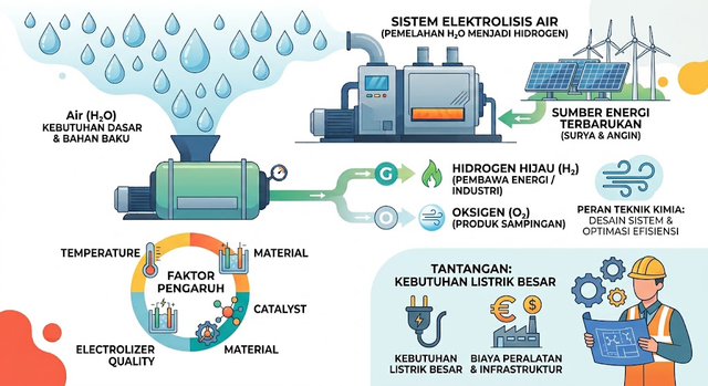 Proses Elektrolisis Air: Mengubah Sumber Daya Dasar Menjadi Pembawa Energi Masa Depan.Ilustrasi Ai