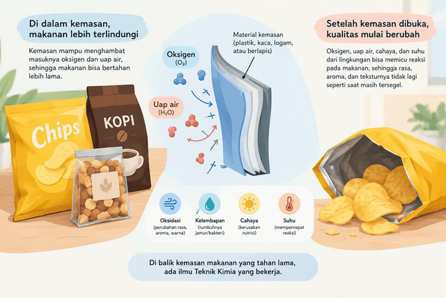 Ilustrasi menunjukkan kemasan makanan yang berfungsi melindungi produk dari oksigen dan uap air. Di dalam kemasan, makanan seperti keripik dan kopi tetap terlindungi, sedangkan setelah kemasan dibuka, makanan lebih mudah mengalami perubahan kualitas akibat paparan udara, kelembapan, cahaya, dan suhu. Ilustrasi ini menggambarkan bagaimana pemilihan material kemasan dan konsep perpindahan massa dalam Teknik Kimia berperan dalam menjaga kualitas serta memperpanjang umur simpan makanan.Ilustrasi Ai