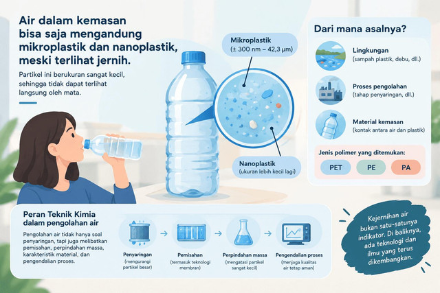 Ilustrasi menampilkan botol air minum dalam kemasan dengan pembesaran yang memperlihatkan partikel mikroplastik dan nanoplastik yang berukuran sangat kecil. Di sisi lain, ditampilkan beberapa kemungkinan sumber partikel, seperti lingkungan, proses pengolahan air, dan material kemasan. Bagian bawah menggambarkan peran Teknik Kimia dalam proses penyaringan, pemisahan, perpindahan massa, dan pengendalian kualitas air. Ilustrasi ini menekankan bahwa air yang terlihat jernih belum tentu bebas dari partikel berukuran mikro dan nano.Ilustrasi Ai