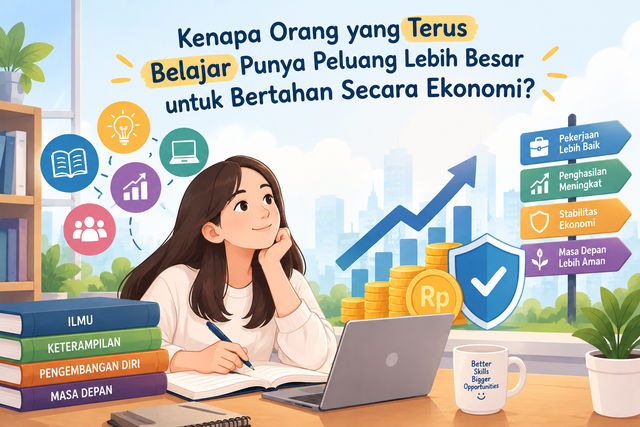 Ilustrasi realistis seorang anak muda sedang duduk belajar di meja sederhana pada malam hari, menggunakan laptop dan buku catatan. Di atas meja terlihat beberapa benda yang menggambarkan kebutuhan sehari-hari seperti dompet, uang, kalkulator, dan secangkir minuman. Di satu sisi terdapat buku dan laptop sebagai simbol pendidikan, sementara di sisi lain terlihat kebutuhan hidup sebagai simbol pilihan ekonomi. Ekspresi tokoh terlihat sedang berpikir dan mempertimbangkan antara biaya belajar dan kebutuhan hidup. Suasana sederhana, natural, relatable, tidak terlalu dramatis, dengan pencahayaan hangat dan nuansa kehidupan masyarakat.