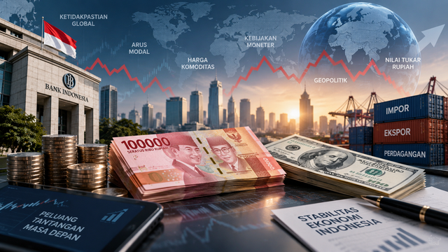 Ilustrasi rupiah dan dolar AS dalam kondisi ketidakpastian ekonomi global dan pergerakan nilai tukar. (Sumber: Ilustrasi dibuat dengan bantuan AI)