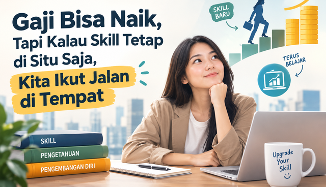 Ilustrasi editorial realistis seorang pekerja muda sedang duduk di meja kerja setelah jam kerja sambil mempelajari keterampilan baru melalui laptop. Di sebelahnya terdapat buku catatan, kalender yang menunjukkan perjalanan beberapa tahun, dan beberapa simbol pekerjaan seperti ID card serta dokumen. Pada layar laptop terlihat proses belajar menggunakan teknologi atau aplikasi digital. Di latar belakang terdapat suasana kantor modern dengan elemen teknologi yang menggambarkan perubahan dunia kerja. Tokoh terlihat fokus dan optimistis, bukan stres. Visual menggambarkan hubungan antara pendidikan, skill, pekerjaan, produktivitas, dan peningkatan kualitas hidup.