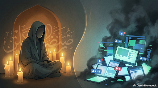 Ilustrasi: Sebuah karya seni editorial yang membenturkan dua realitas kehidupan: perenungan spiritual sosok yang bertafakur dalam pendaran cahaya emas dan ornamen manuskrip klasik ajaran Imam Al-Bushiri, melebur langsung dengan dinginnya pendaran layar smartphone serta pernak-pernik media sosial yang melambangkan hampanya pemujaan materi di era digital. Photo: Gemini Notebook