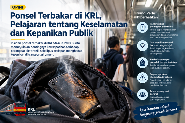 Ilustrasi: Insiden ponsel terbakar di KRL Stasiun Rawa Buntu menunjukkan pentingnya kewaspadaan terhadap perangkat elektronik sekaligus kesiapan menghadapi kepanikan di transportasi umum: Generated AI