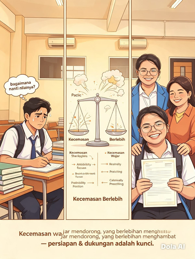 Ilustrasi kecemasan vs. sukses ujian: persiapan dan dukungan adalah kunci mengubah rasa takut menjadi prestasi Foto: Dola Ai