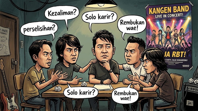 Ilustrasi karikatural versi AI menggambarkan personel Kangen Band duduk bersama membicarakan masalah mereka (AI/Gemini)