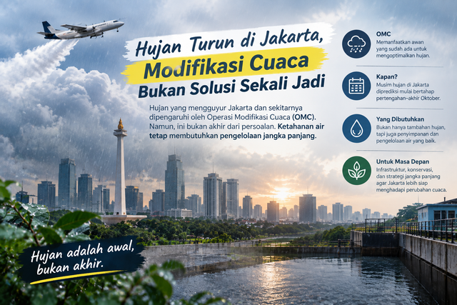 Ilustrasi Hujan Turun di Jakarta, Modifikasi Cuaca Bukan Solusi Sekali Jadi. Sumber : Generate AI