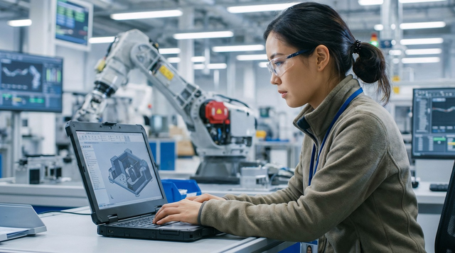 SDM pabrik kini dituntut menguasai perangkat digital dan desain berbasis CAD untuk berdampingan dengan lengan robot di lini produksi. Sumber: Pixabay.