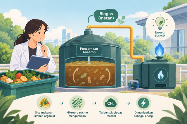 Ilustrasi menggambarkan proses pengolahan sisa makanan menjadi biogas melalui pencernaan anaerob. Sisa makanan diuraikan oleh mikroorganisme dalam biodigester hingga menghasilkan biogas yang dapat dimanfaatkan sebagai energi alternatif. Ilustrasi ini menunjukkan peran ilmu Teknik Kimia dalam mengolah limbah organik menjadi energi yang lebih bermanfaat bagi lingkungan.Ilustrasi Ai