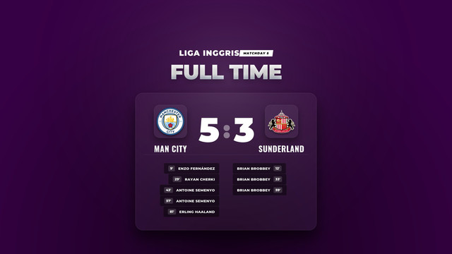 Hasil Liga Inggris: Man City Menang 5-3 atas Sunderland