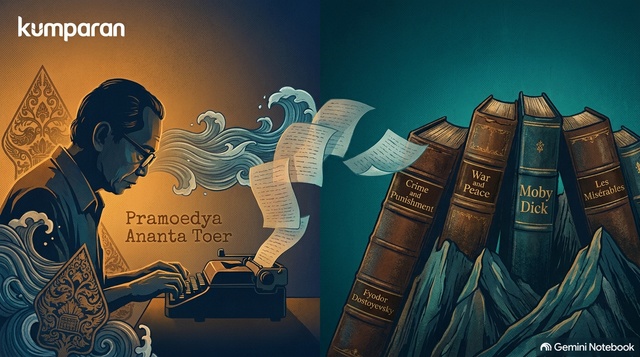 Ilustrasi memperlihatkan ironi intelektualisme kita lewat kontras visual antara rak buku sastra klasik dunia seperti Crime and Punishment karya Dostoyevskydan sosok Pramoedya Ananta Toer di depan mesin tik sederhana. Photo: Gemini Notebook