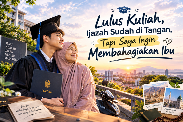 Ilustrasi seorang wisudawan bersama ibunya setelah menyelesaikan kuliah. Ijazah menjadi simbol perjuangan, sementara kebersamaan mereka menggambarkan rasa syukur, kasih sayang, dan harapan untuk membahagiakan ibu di masa depan. Dok. Ilustrasi AI