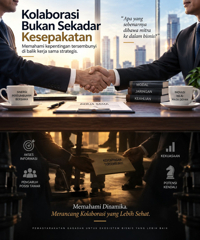 Ilustrasi Political Design dalam kolaborasi bisnis, memperlihatkan perbedaan antara kesepakatan yang tampak di atas meja dan dinamika kepentingan, akses informasi, pengaruh, kekuasaan, serta potensi kendali yang berkembang di baliknya.