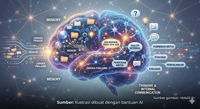 ilustrasi ini secara visual menggambarkan mekanisme kerja pikiran manusia dalam komunikasi intrapersonal (proses komunikasi dengan diri sendiri).[ sumber foto : ilustrasi di buat dengan bantuan AI]