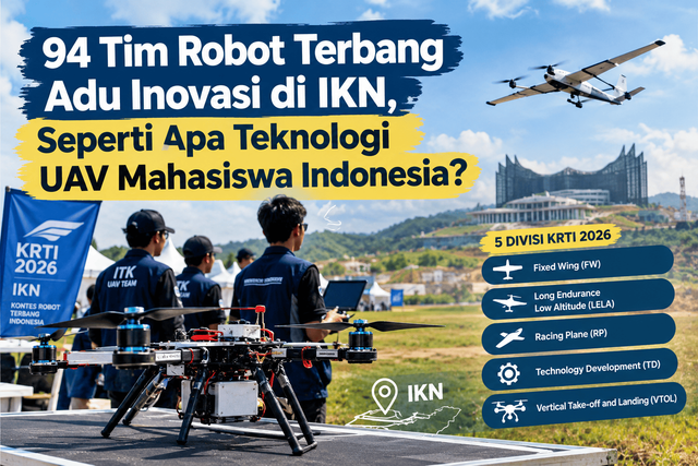 Drone UAV dan mahasiswa dalam ajang KRTI 2026 di IKN.Sumber: Dibuat dengan AI (ChatGPT/OpenAI).