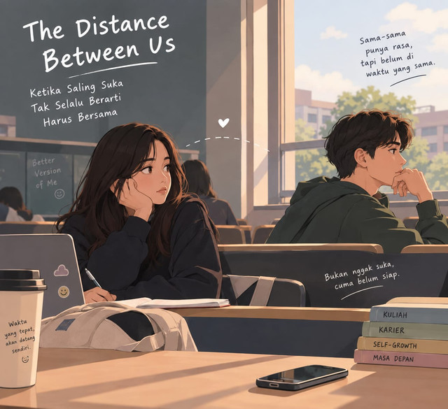 ilustrasi dua mahasiswa yang saling suka, tetapi memilih menjaga jarak. Sumber: AI