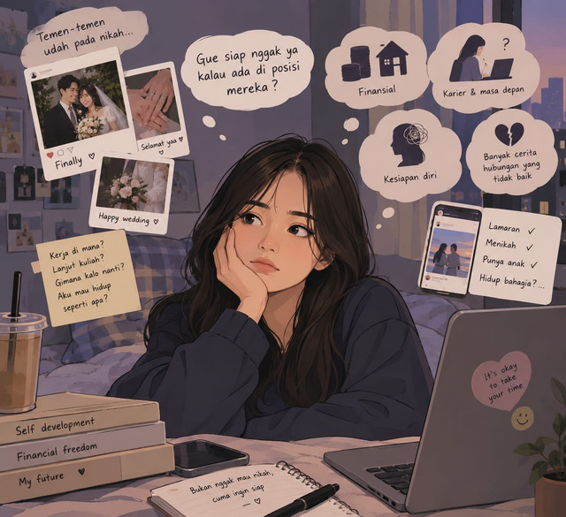 Ilustrasi Gen Z yang mulai mempertanyakan kesiapan menikah setelah melihat teman-temannya menikah, sambil memikirkan finansial, karier, dan masa depan. Sumber:AI