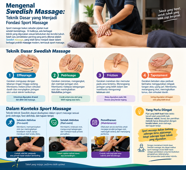 Ilustrasi Mengenal Swedish Massage: Teknik Dasar yang Menjadi Fondasi Sport Massage (Sumber Gambar: AI Image Generator)