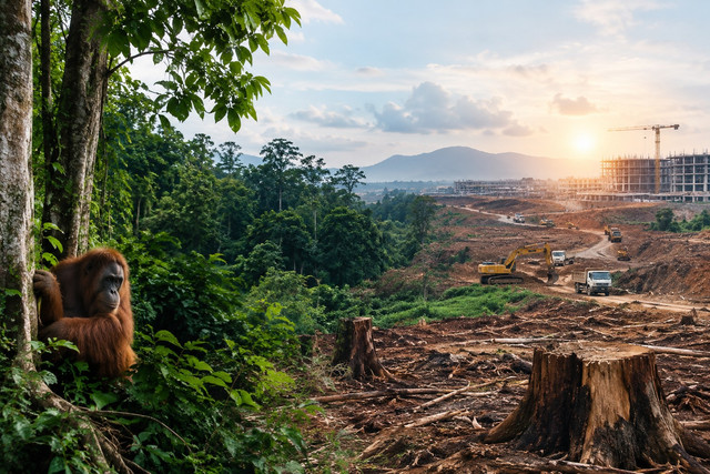 Deskripsi foto ilustrasi:Ilustrasi memperlihatkan hutan tropis Indonesia yang berbatasan dengan kawasan pembangunan. Seekor orangutan berada di antara pepohonan, sementara alat berat, jalan, dan bangunan terlihat di area hutan yang telah dibuka. Gambar ini menggambarkan tekanan pembangunan terhadap hutan dan habitat satwa. Sumber: Foto ilustrasi dibuat menggunakan ChatGPT (AI), 2026.