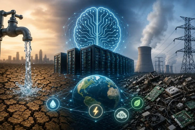 Ilustrasi dampak lingkungan dari teknologi Artificial Intelligence (AI) yang mengonsumsi air dan energi dalam jumlah masif pada infrastruktur data center.