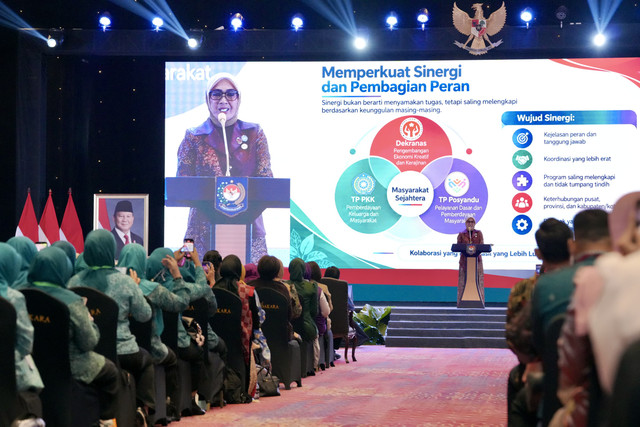 Ketum TP PKK Tri Tito Karnavian dalam acara Penguatan Tata Kelola Lembaga Dekranas, TP PKK, dan TP Posyandu Wilayah Indonesia Bagian Barat Tahun 2026, di Hotel Bidakara, Jakarta, Senin (21/9/2026). Foto: Kemendagri RI